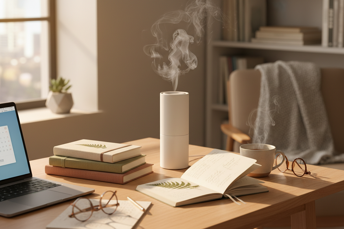 A professional mental clarity setup with journals and aroma diffusers, by Bloomnest.