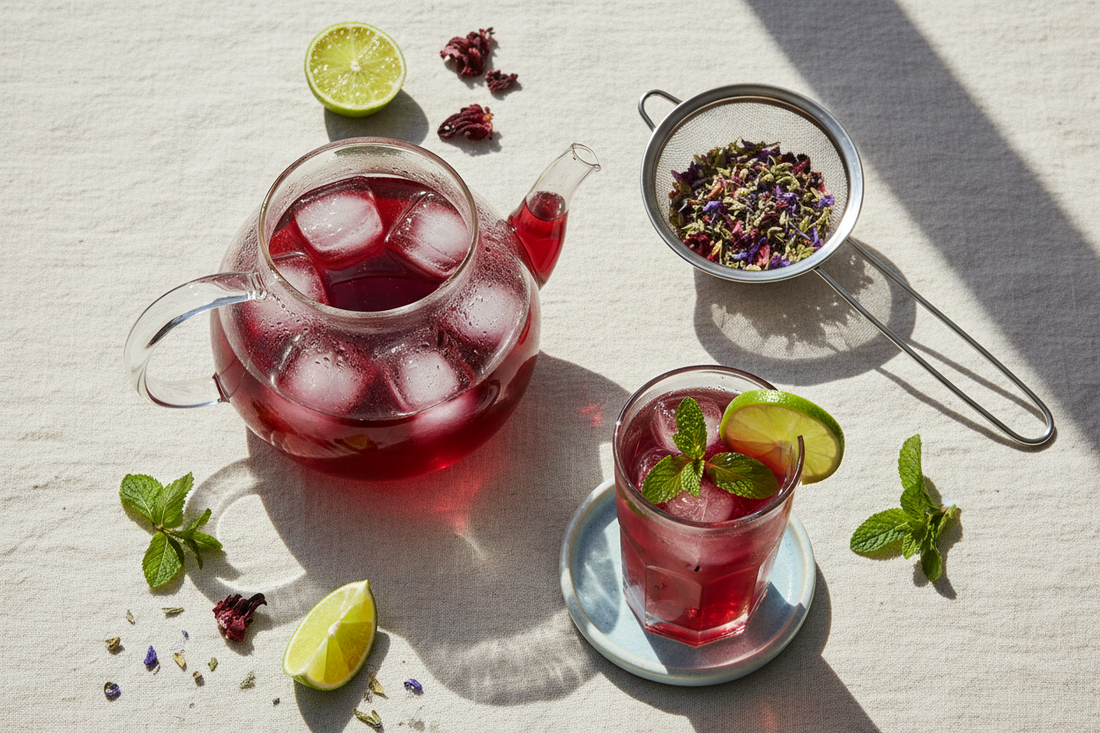 Glass teapot and tea infuser with iced hibiscus herbal tea for summer heat relief at home
