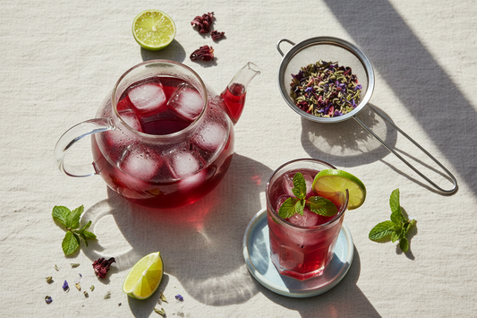 Glass teapot and tea infuser with iced hibiscus herbal tea for summer heat relief at home