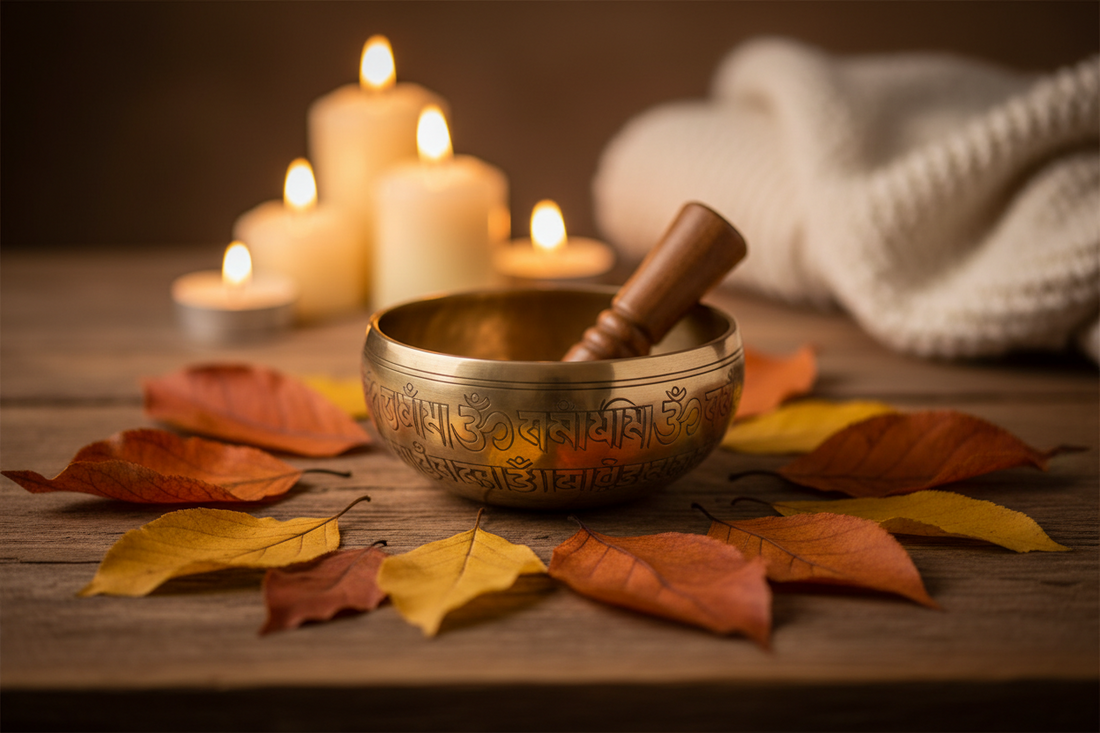 Tibetan singing bowl for stress relief surrounded by fall autumn leaves and candlelight