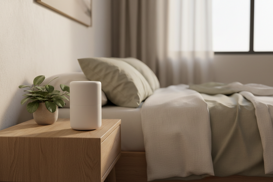 White noise machine on a nightstand in a calm summer bedroom with linen bedding and soft ambient lighting
