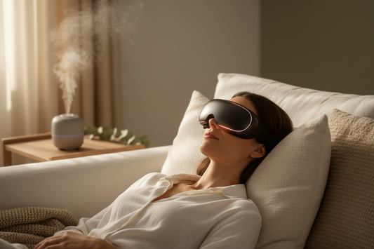 Woman wearing a heated eye massager at home for eye strain and headache relief