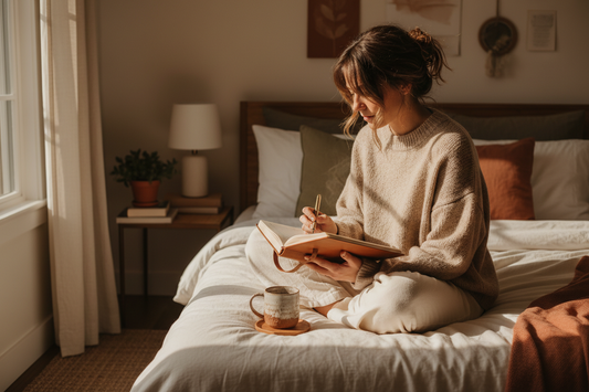 Woman writing in a guided journal on a cozy bed during a morning wellness routine