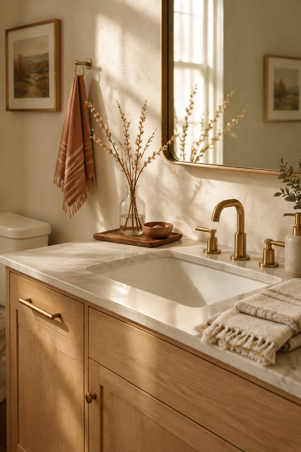 Reed diffuser for a fall guest bathroom styled with cream towels, a pale oak vanity, and soft autumn light.