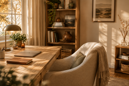 Reed diffuser for a fall home office on a side shelf beside an uncluttered oak desk in warm October light.