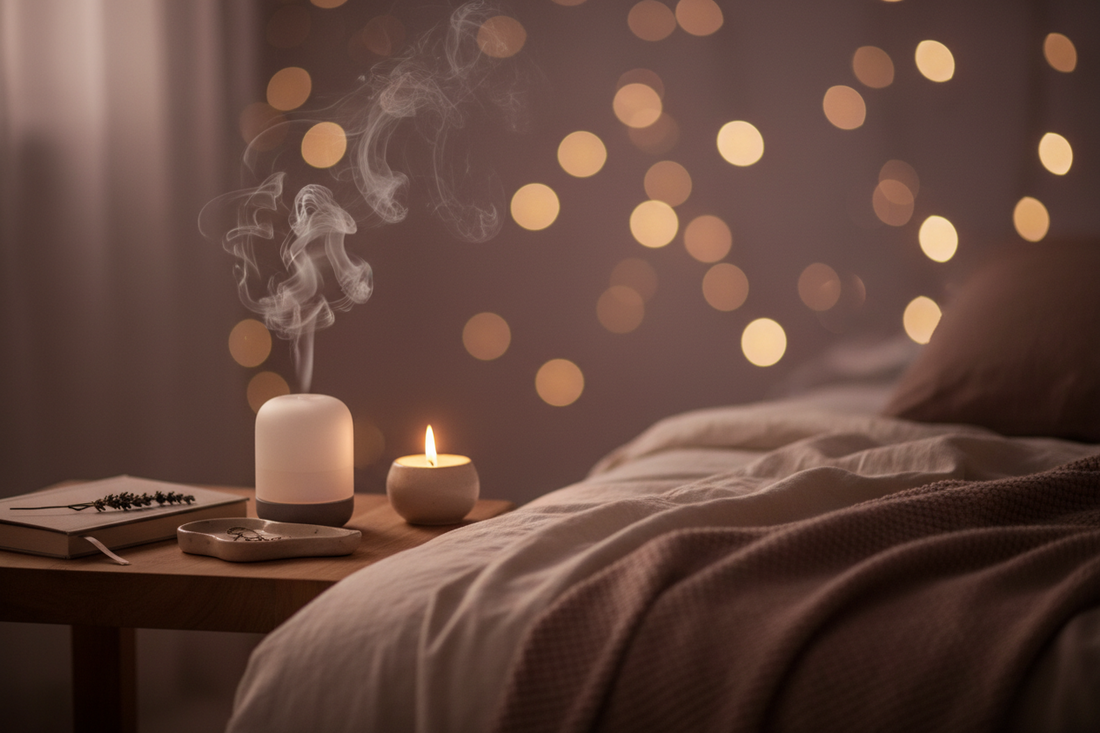 Bedroom scent ritual for better sleep and relaxation — Bloomnest sleep essential oil diffuser on nightstand with lavender and chamomile blend