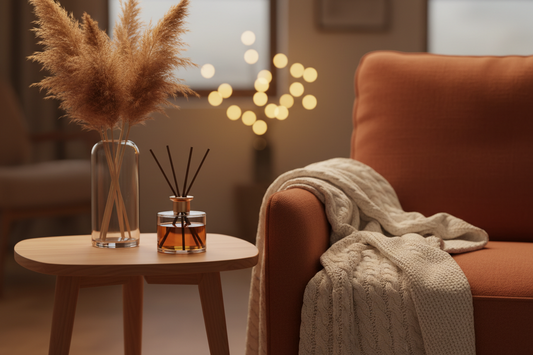 Reed diffuser for home smell in fall — Bloomnest lavender vanilla and amber diffuser set on cozy autumn living room table