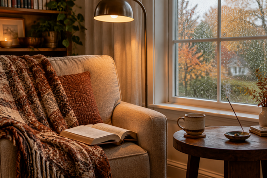 Rainy October reading nook with a warm lamp, open book, and safely placed incense holder