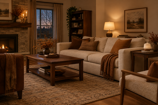 Coffee fragrance oils for Thanksgiving evenings with a cozy living room, warm lamplight, and a diffuser on a separate side surface.