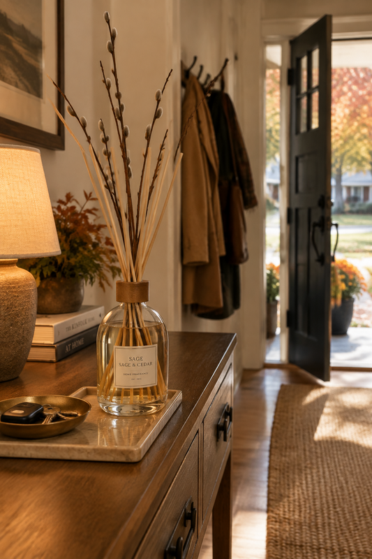Reed diffuser for a fall entryway on a wooden console, creating a warm welcome for October guests