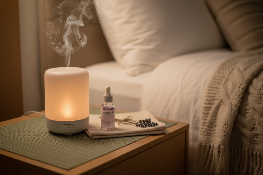 Essential oil diffuser for better sleep at night on a cozy bedroom nightstand with warm amber glow