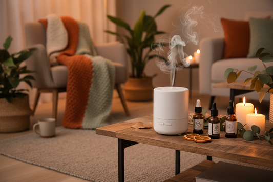 Essential oil diffuser for home smell on a cozy fall living room shelf with warm amber lighting