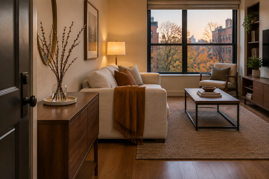 Reed diffuser for a small apartment in fall on a console beside warm lighting, a cream sofa, and a caramel throw.