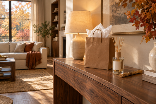 Reed diffuser gift for a fall housewarming beside a kraft gift bag on a warmly lit console in a welcoming new home.