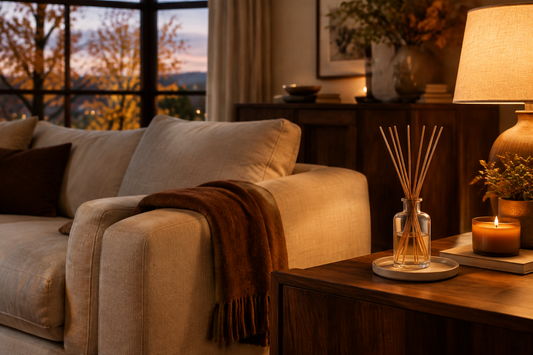 Reed diffuser for a fall living room on a protected console beside warm lighting, a cream sofa, and an autumn throw.