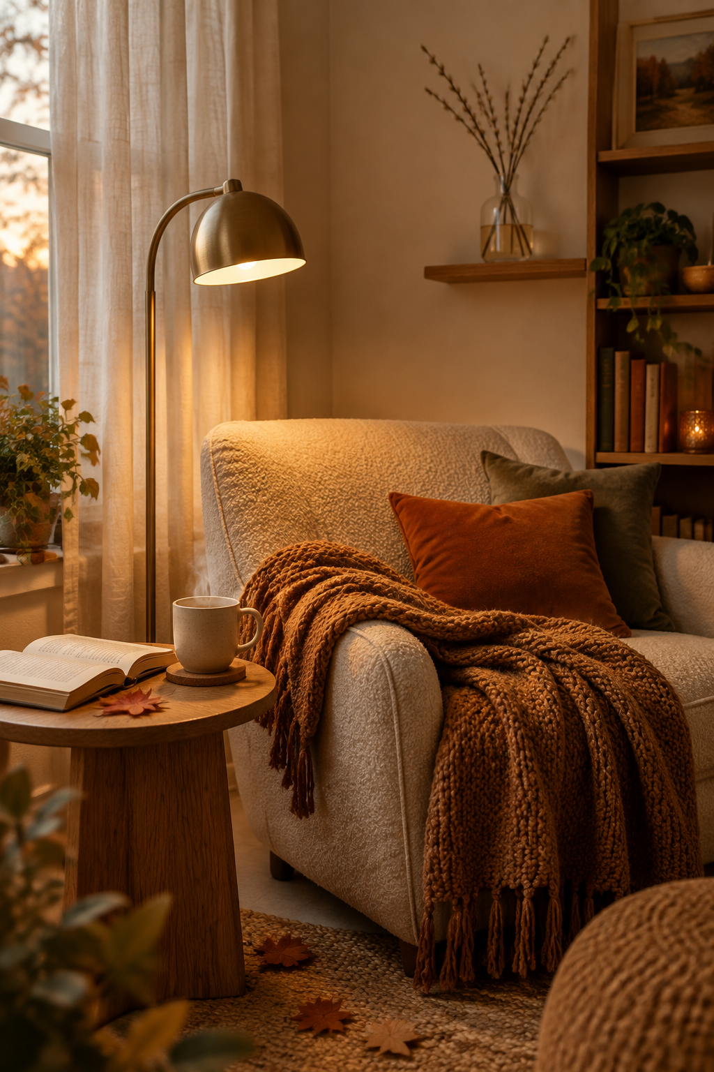 Reed diffuser for a fall reading nook beside a cream armchair, an open book, and warm evening lighting.