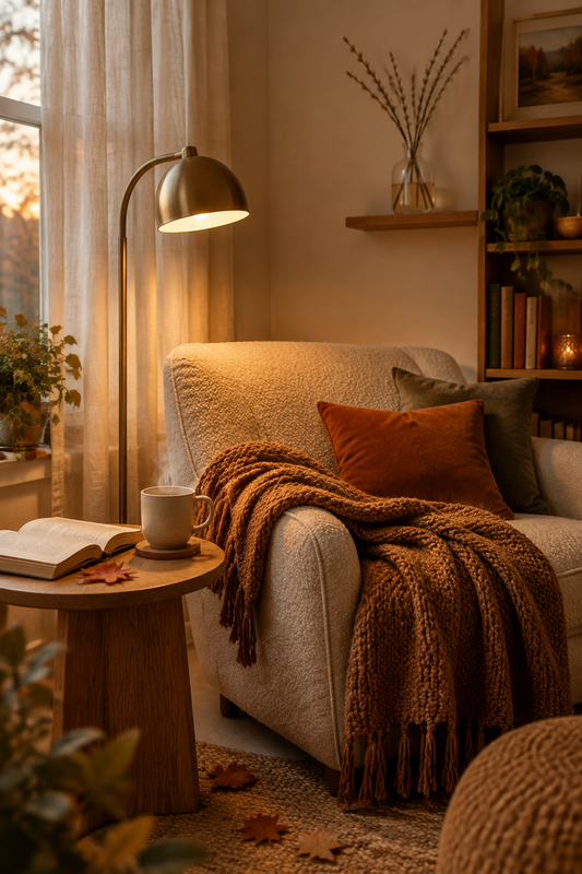 Reed diffuser for a fall reading nook beside a cream armchair, an open book, and warm evening lighting.