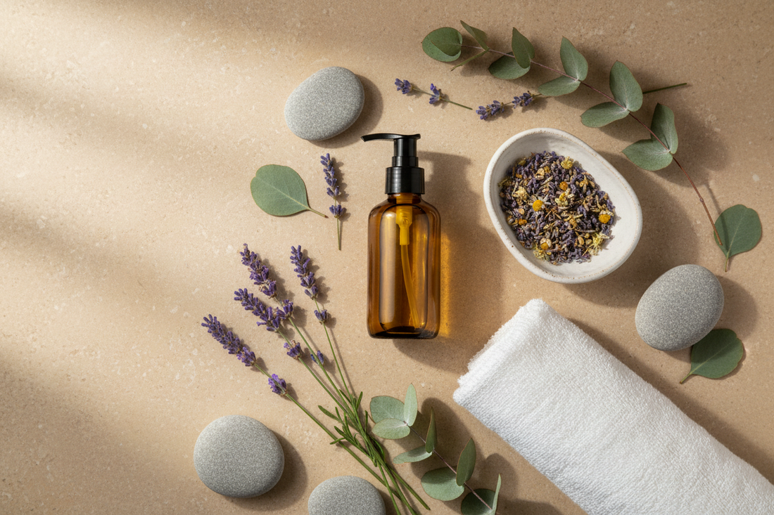 Amber massage oil bottle styled with lavender, eucalyptus, and smooth stones on a warm stone surface for a home body recovery ritual