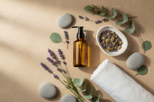 Amber massage oil bottle styled with lavender, eucalyptus, and smooth stones on a warm stone surface for a home body recovery ritual