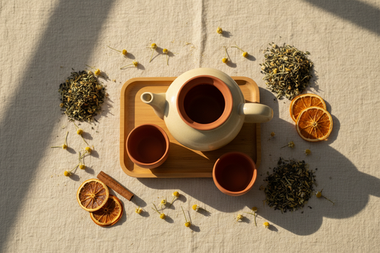 Ceramic tea pot set with infuser and two cups styled with chamomile flowers and dried orange slices for a fall herbal tea ritual
