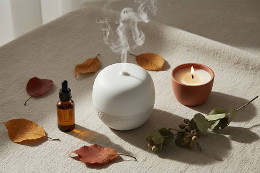 Ultrasonic diffuser, soy candle, and essential oil bottle styled on linen with autumn leaves for a fall self-care home ritual