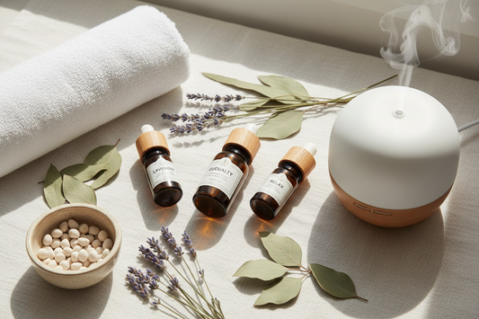 Best essential oils for home relaxation and stress relief arranged with lavender and eucalyptus on a linen surface