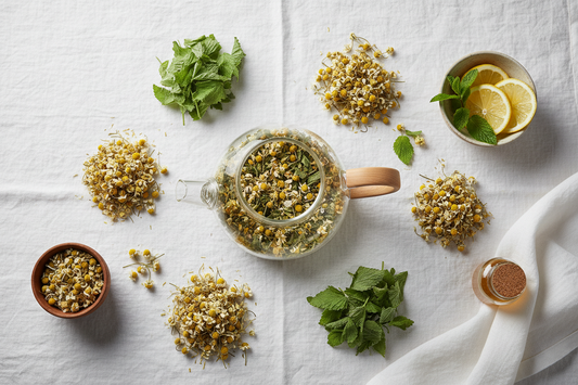 Best herbal teas for sleep and anxiety relief including chamomile and lemon balm arranged with a glass teapot on linen