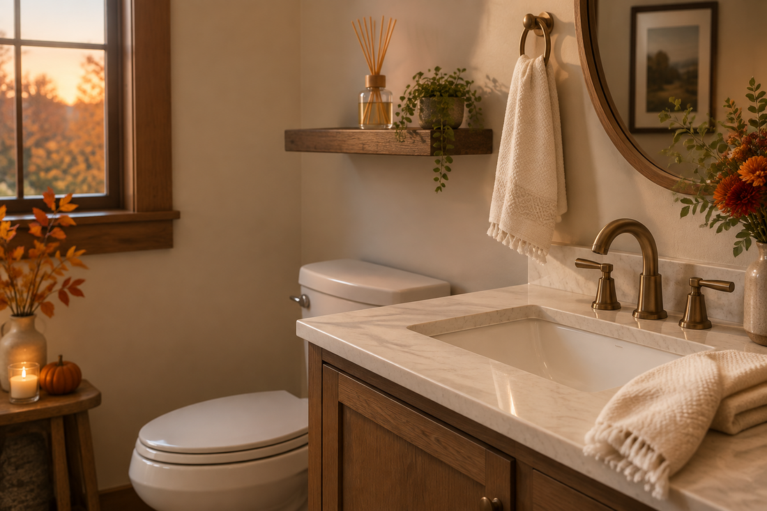 Reed diffuser for a small guest bathroom in October beside a fresh hand towel