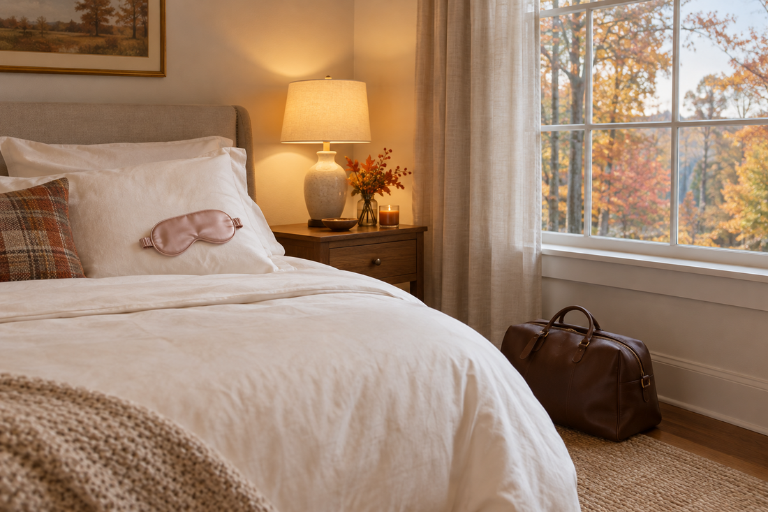 Silk sleep mask for a Thanksgiving guest room resting on a pillow beside warm lighting and a neatly packed overnight bag.