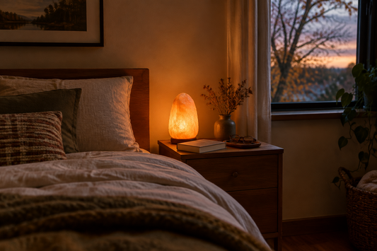 Himalayan salt lamp for a small bedroom nightstand glowing on an October evening