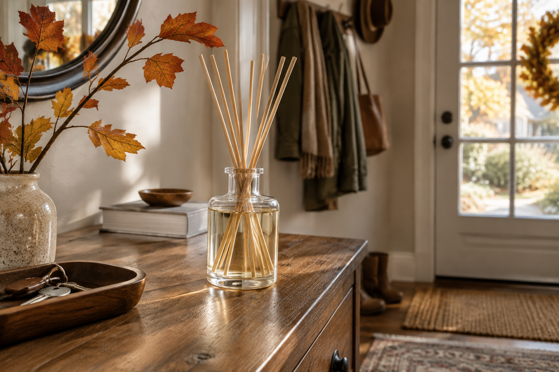 Fall entryway reed diffuser ideas with a glass diffuser on a warm wooden console