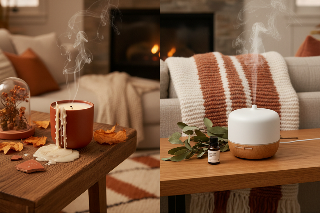 Home fragrance diffuser vs candles for fall — essential oil diffuser and candle side by side on a cozy living room table