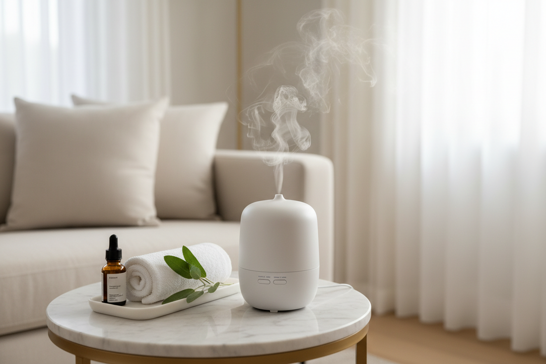 How to make living room smell like a spa — essential oil diffuser on a marble tray with eucalyptus and white towel