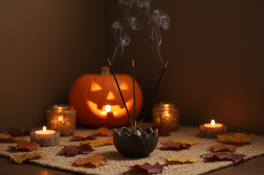Incense sticks burning in lotus holder for Halloween meditation ritual at home with autumn candlelight