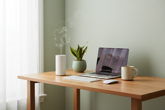 Home office aromatherapy for focus and productivity — Bloomnest waterless desk diffuser with peppermint essential oil on clean minimal work desk