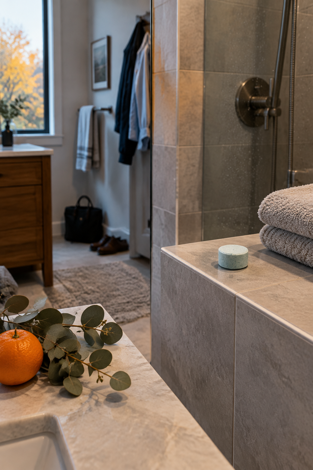 October morning shower steamers for a rushed workday beside a towel in a softly lit bathroom