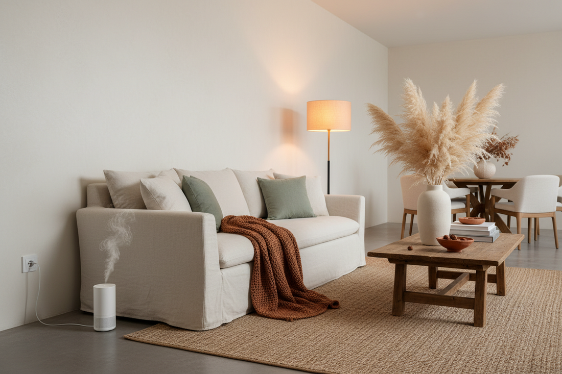 Plug-in diffuser for whole house scent in a modern open-plan fall living room with warm amber lighting