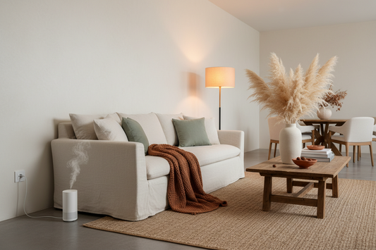 Plug-in diffuser for whole house scent in a modern open-plan fall living room with warm amber lighting