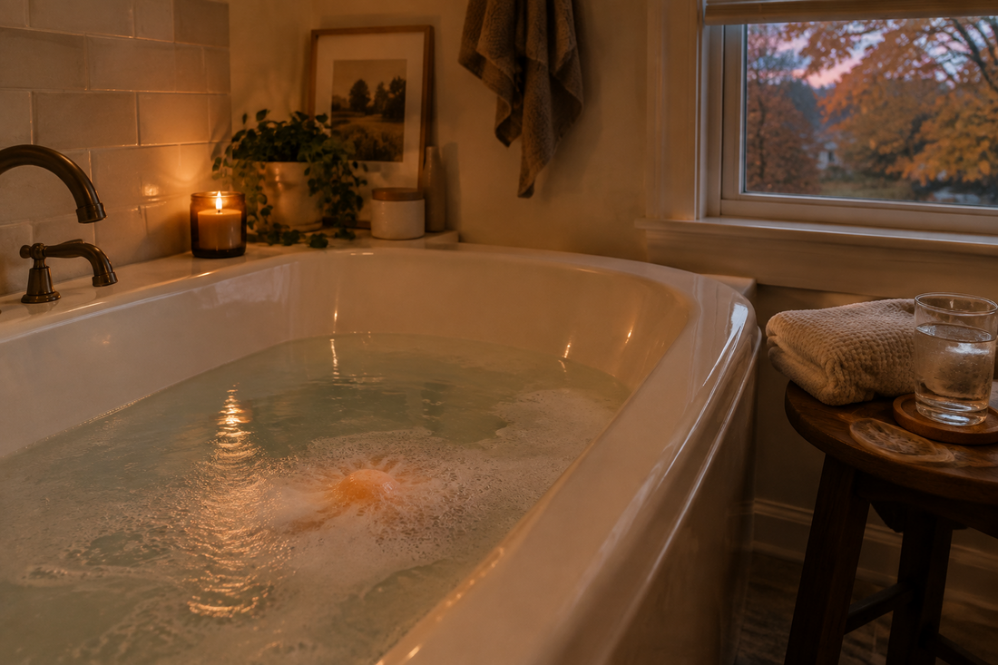 October Sunday night bath ritual with a gently fizzing bath bomb, fresh towel, and warm evening light