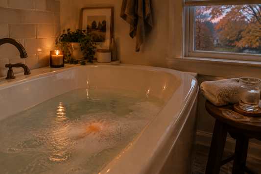 October Sunday night bath ritual with a gently fizzing bath bomb, fresh towel, and warm evening light