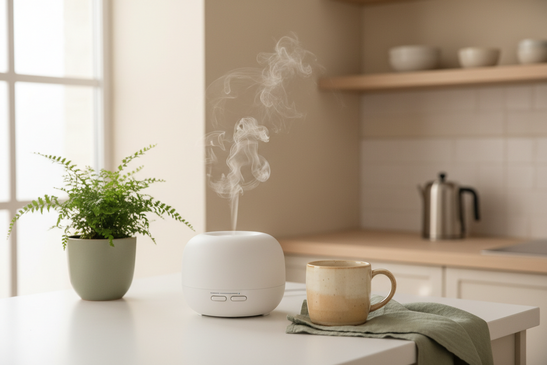 Aromatherapy diffuser for morning routine at home — Bloomnest essential oil diffuser on kitchen counter with morning light and coffee mug