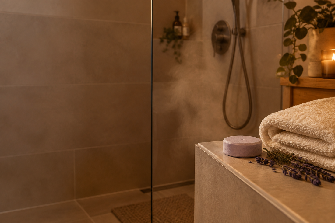 October evening shower steamers for an after-work reset in a warmly lit bathroom