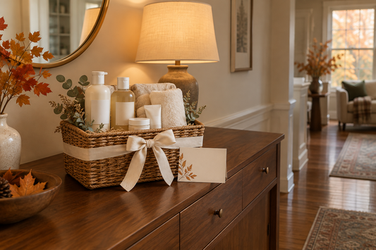 Bath gift set for a Thanksgiving host with neutral toiletry bottles, an ivory towel, and a thank-you card on a walnut console.