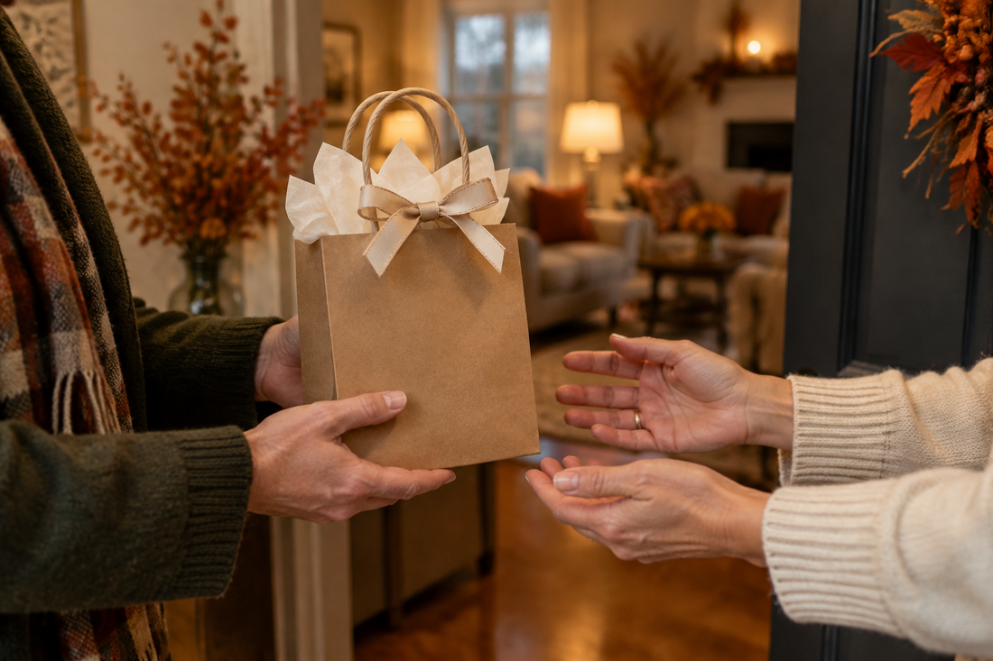 Diffuser oil gift for a Thanksgiving host presented in a simple gift bag at a warmly lit doorway.