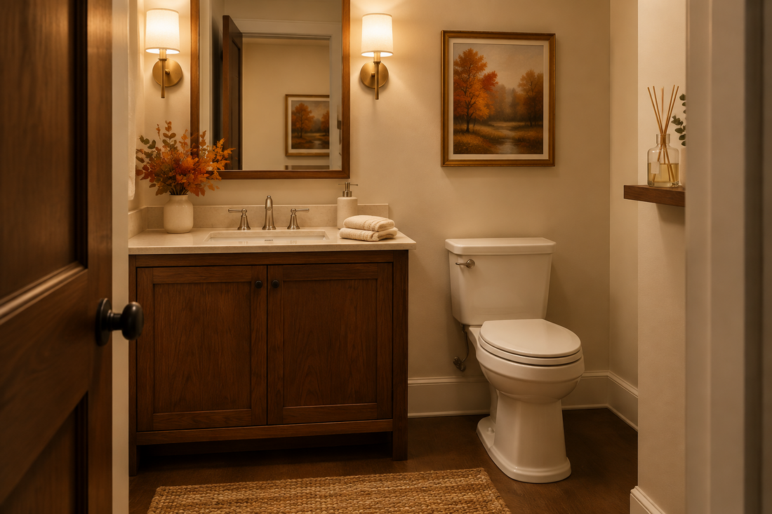 Reed diffuser for a Thanksgiving guest bathroom with warm lighting, fresh hand towels, and an uncluttered vanity.