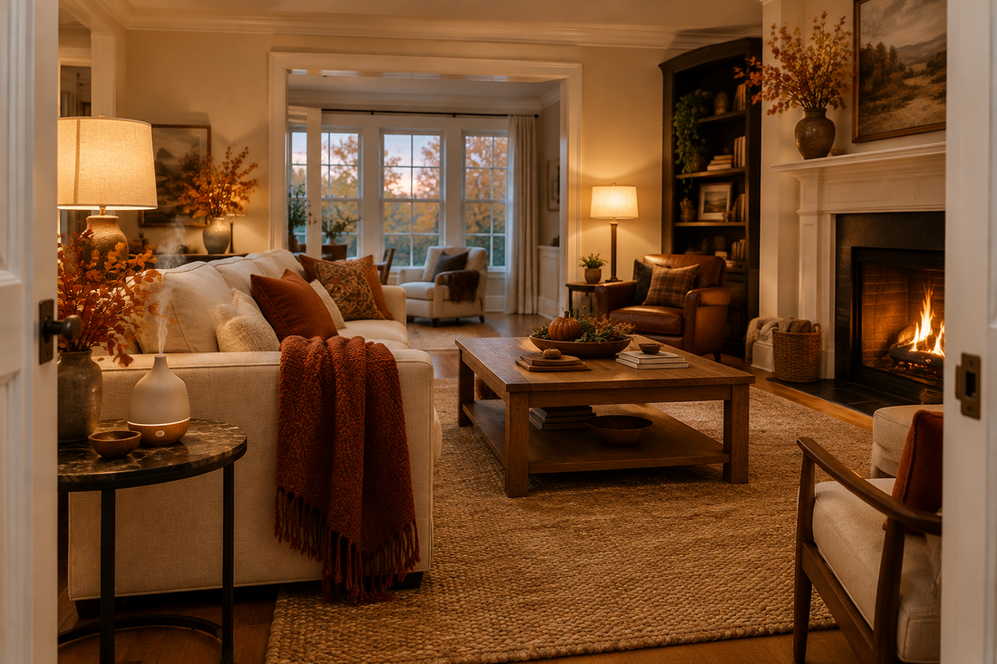 Thanksgiving diffuser oils for a cozy living room with warm lamps, a cream sofa, and subtle autumn decor.