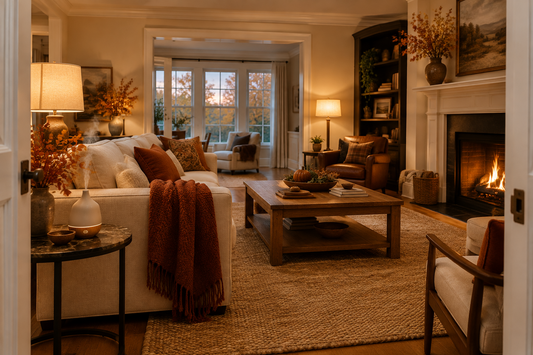 Thanksgiving diffuser oils for a cozy living room with warm lamps, a cream sofa, and subtle autumn decor.