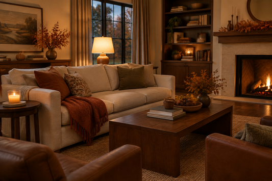 Thanksgiving candles for an after-dinner living room with a cream sofa, rust-colored throw, and warm evening lighting.