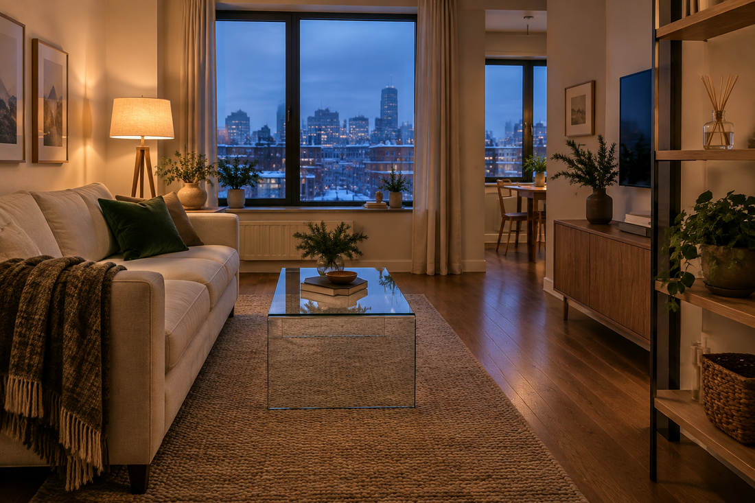 Winter reed diffuser for a small apartment with warm lighting, a cream sofa, and understated seasonal decor.