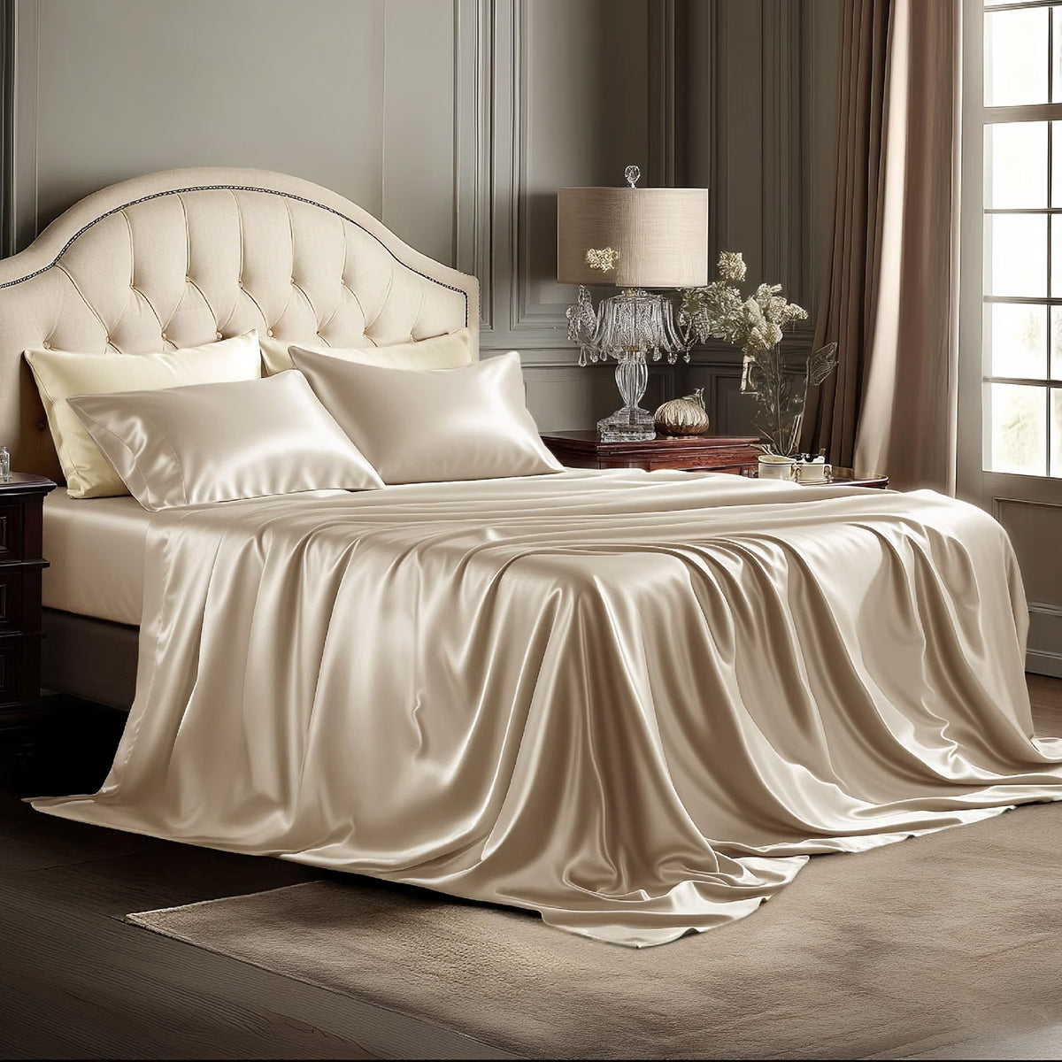 Bedsure Satin Sheets Full Size – Silky Soft Bed Sheets for Hair & Skin, 4-Piece Set with Deep Pocket (Champagne)